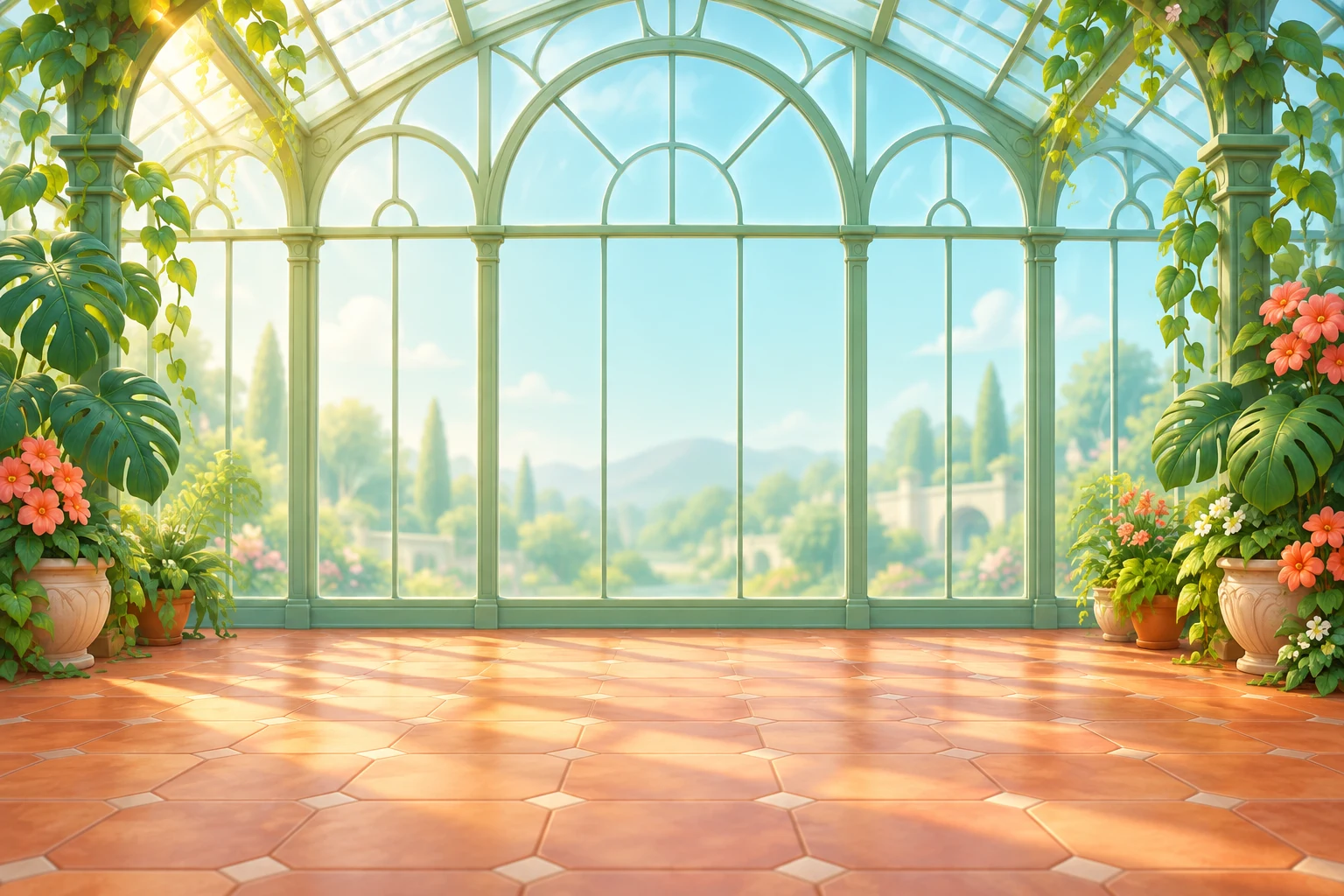 A sunlit illustrated greenhouse